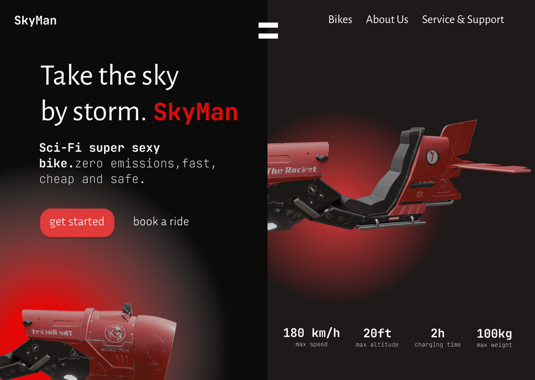 Landing page of a space bike company